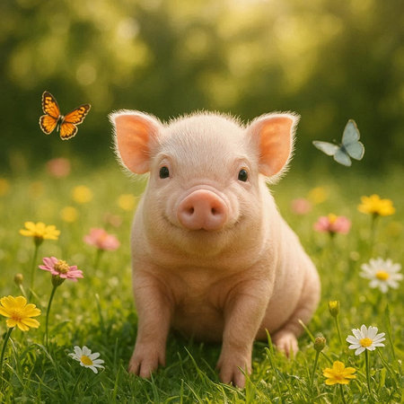 Cute little piglet with butterfly sitting on the green grass.の写真素材