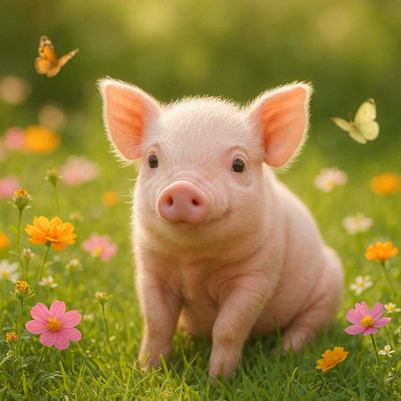 Cute little piglet on the meadow with flowers and butterfliesの写真素材