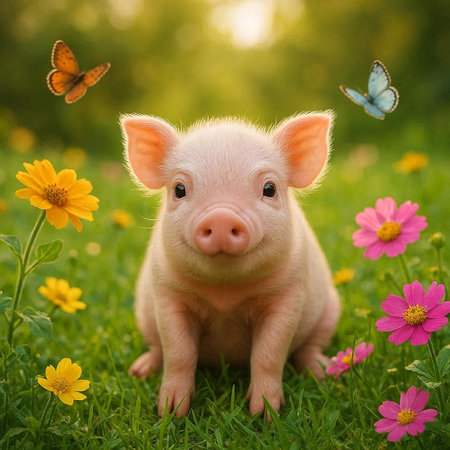 Cute little piglet on green grass with flowers and butterflies.の写真素材