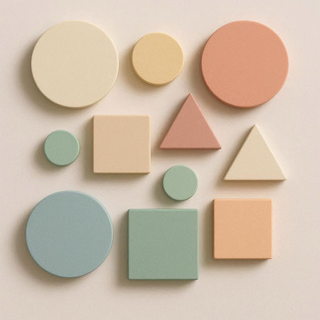 Colorful geometric shapes on pastel beige background. Flat lay.