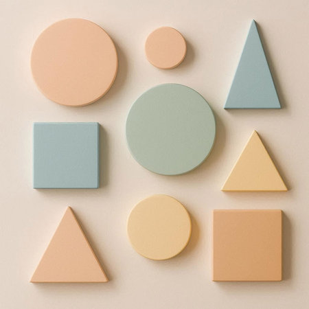 Colorful geometric shapes on pastel beige background. Flat lay, top view.