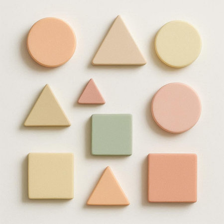 Colorful geometric shapes on white background. Flat lay, top view.