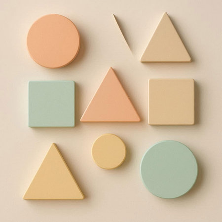 Geometric shapes in pastel colors on a beige background.