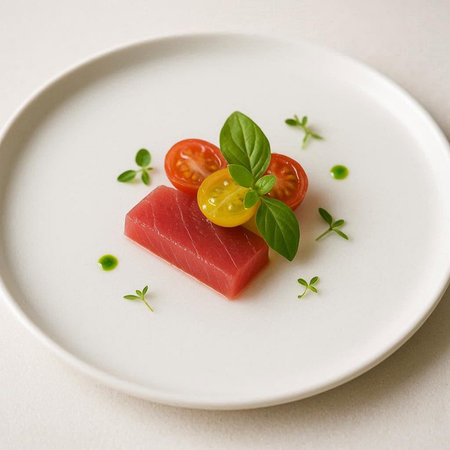 Tuna carpaccio with cherry tomatoes and basil on white plate