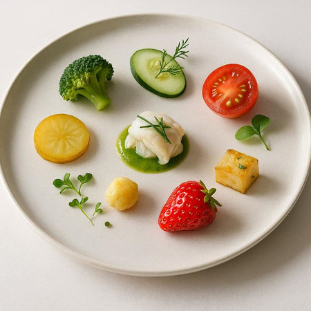 Fruit and vegetable salad on white plate. Healthy food concept.