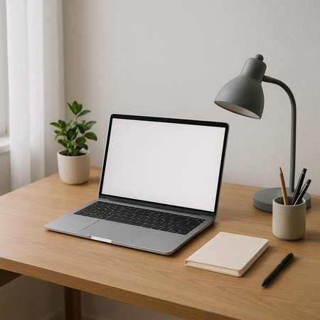 Laptop with blank screen, stationery and coffee cup on wooden table. Mock up
