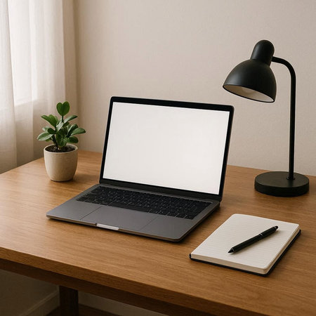 Laptop with blank screen, notebook and lamp on the table.