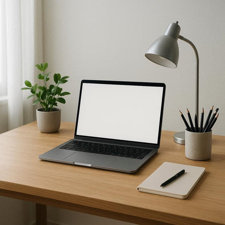 Laptop with blank screen and office supplies on wooden table in office.