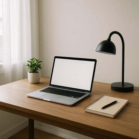 Laptop with blank screen, notebook and lamp on wooden table in room.の写真素材