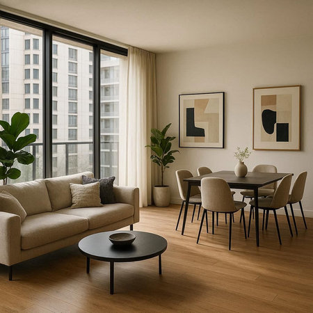 Interior of a modern living room with a beige sofa, a coffee table and posters hanging on the wall....