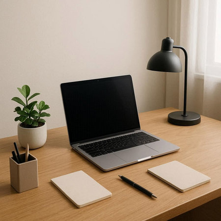 Laptop with blank stationery on a wooden table near the window
