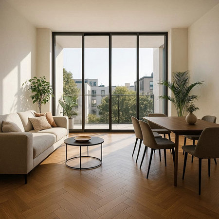 Interior of a living room with a large window overlooking the city