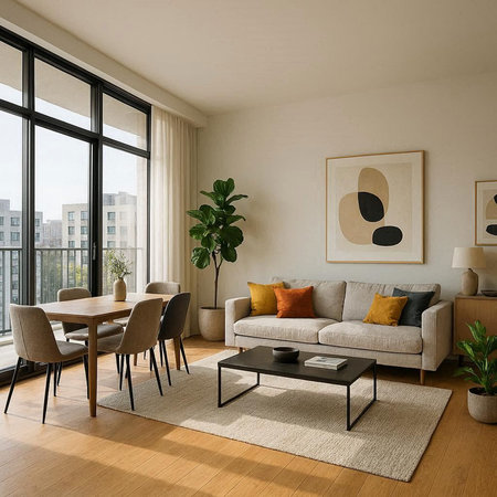 Interior of modern living room with sofa, coffee table and chairs