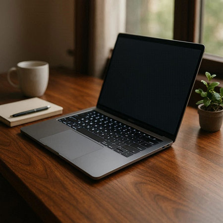Laptop on a wooden table with a cup of coffee in the backgroundの写真素材