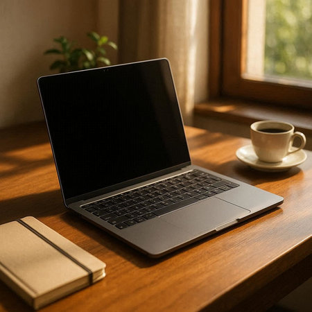 Laptop with blank screen and coffee cup on wooden table in front of windowの写真素材