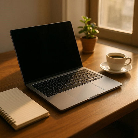 Laptop with blank screen on a wooden table with a cup of coffee
