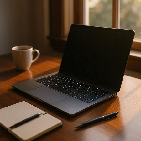 Laptop with notebook and cup of coffee on the wooden table at home