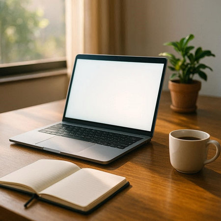 Laptop with blank screen on wooden table with notebook and coffee cup.