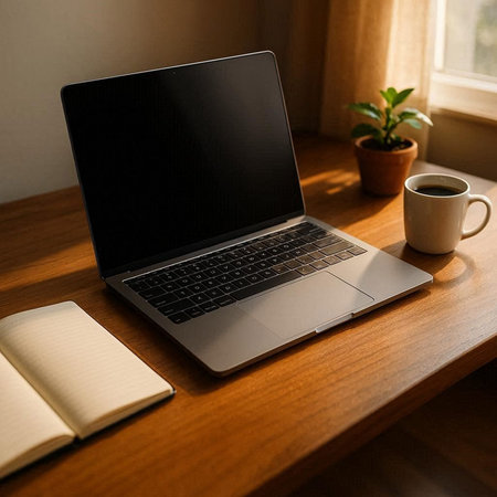 Laptop with blank screen and coffee cup on wooden table at home