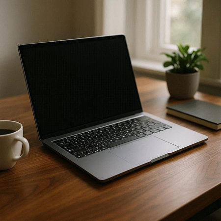 Laptop with blank screen and coffee cup on wooden table in officeの写真素材