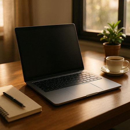 Laptop with blank screen on a wooden table in a modern office.
