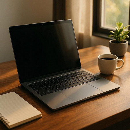 Laptop with blank screen and coffee cup on wooden table in office
