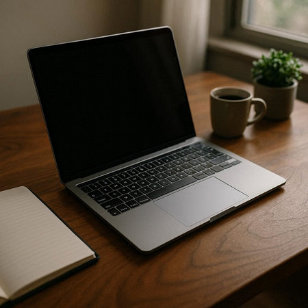 Laptop with blank screen on wooden table with notebook and cup of coffee