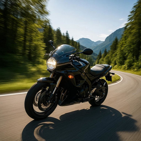 Motorcycle on the road in the mountains. Motion blur background.