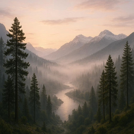 Mountain landscape with a river and coniferous forest at sunriseの写真素材