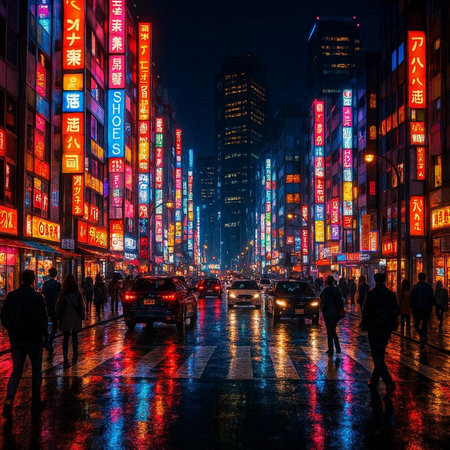 Pedestrians cross the street in Mongkok at night. Mongkok is a major tourist destination in Hong Kong.の写真素材