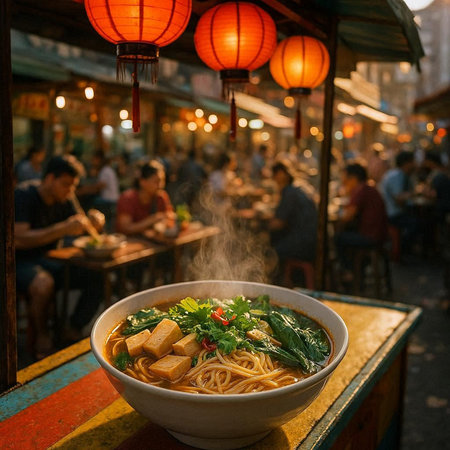 Bowl of Chinese noodle soup with tofu and vegetables in street food marketの写真素材