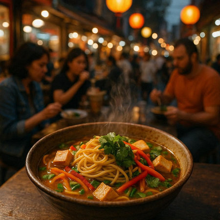 Bowl of Asian spicy noodle soup on wooden table in night market