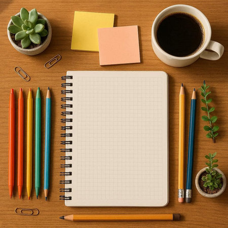 Top view of wooden office table with blank notepad, coffee cup, pencils and plant. Mock up