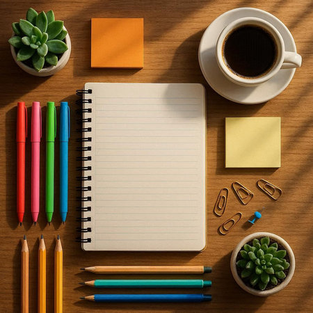Top view of wooden office desk with blank notepad, coffee cup and colorful pencils