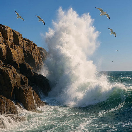 Seascape with big waves and seagulls on the rocksの写真素材