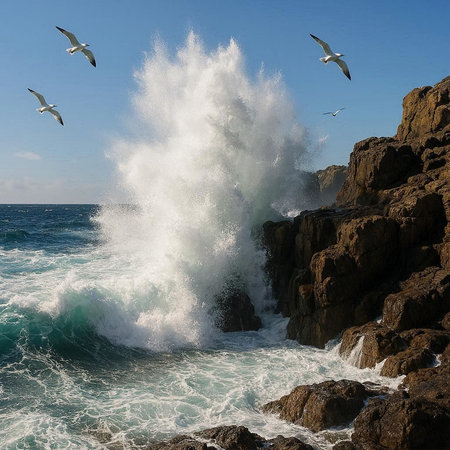 Seagulls on the rocks of the Atlantic ocean, Portugal