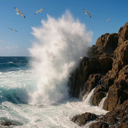 Beautiful seascape with waves crashing on the rocks and seagulls