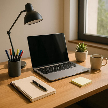 Laptop and office supplies on wooden table. Work from home concept.