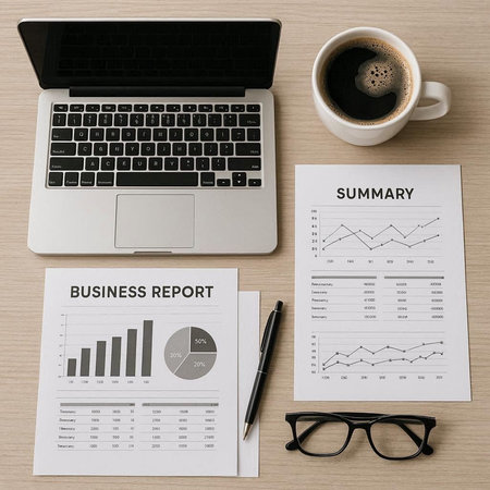 Top view of business workplace with laptop, cup of coffee and financial reports.