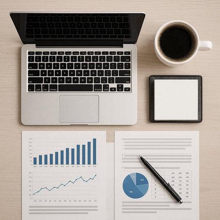 Top view of business workplace with laptop, tablet and coffee cup.