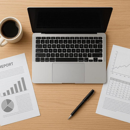 Top view of office desk table with laptop, coffee cup and financial documents.の写真素材