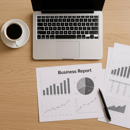 Top view of business report with laptop and coffee on wooden table.