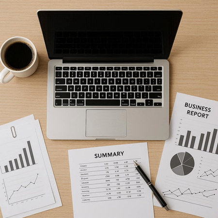 Top view of business workplace with financial reports, laptop and coffee.