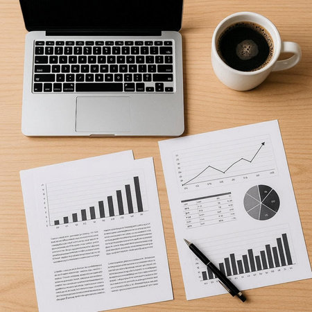 Top view of business workplace with laptop, charts and a cup of coffee