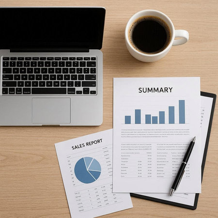 Showing business and financial report. 3d rendering. Computer and documents on the table.
