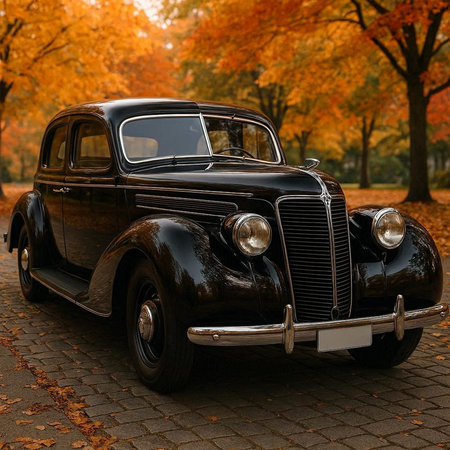 Vintage car in the autumn park. Front view. 3d render