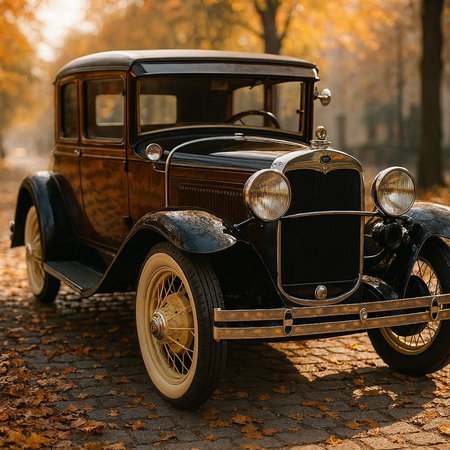 Vintage car in the autumn park. Retro car in the autumn park.