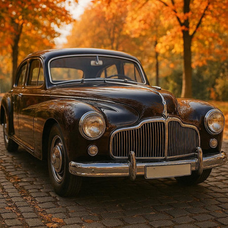 Vintage car in the autumn park. Retro car on the road.