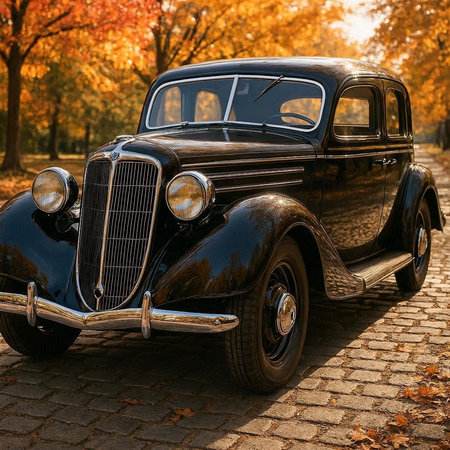 Old black car in the autumn park. Retro car on the road.