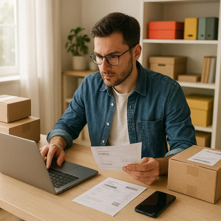 selective focus of handsome freelancer in eyeglasses working with laptop and holding box
